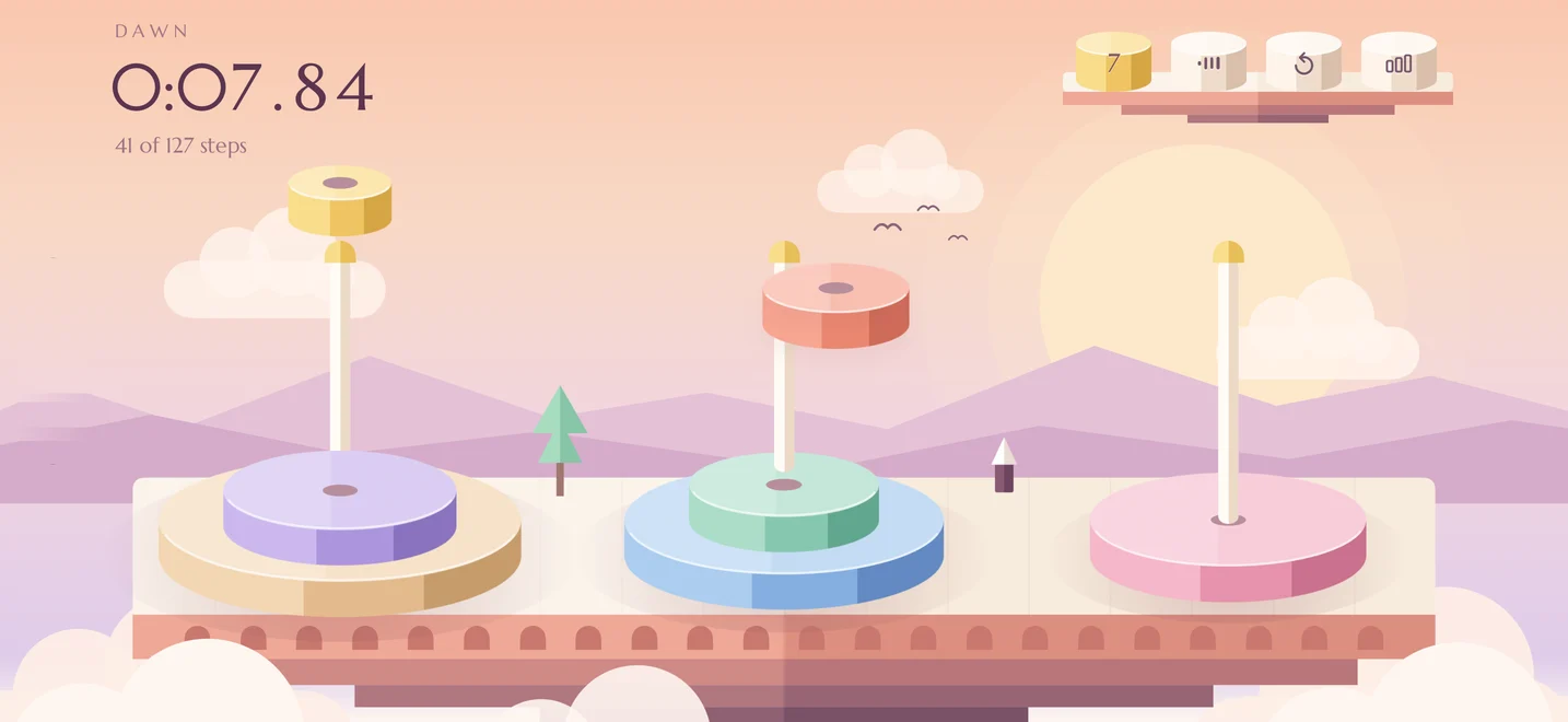 Stones stacked on three towers on a pastel floating island at sunrise, with a running clock.
