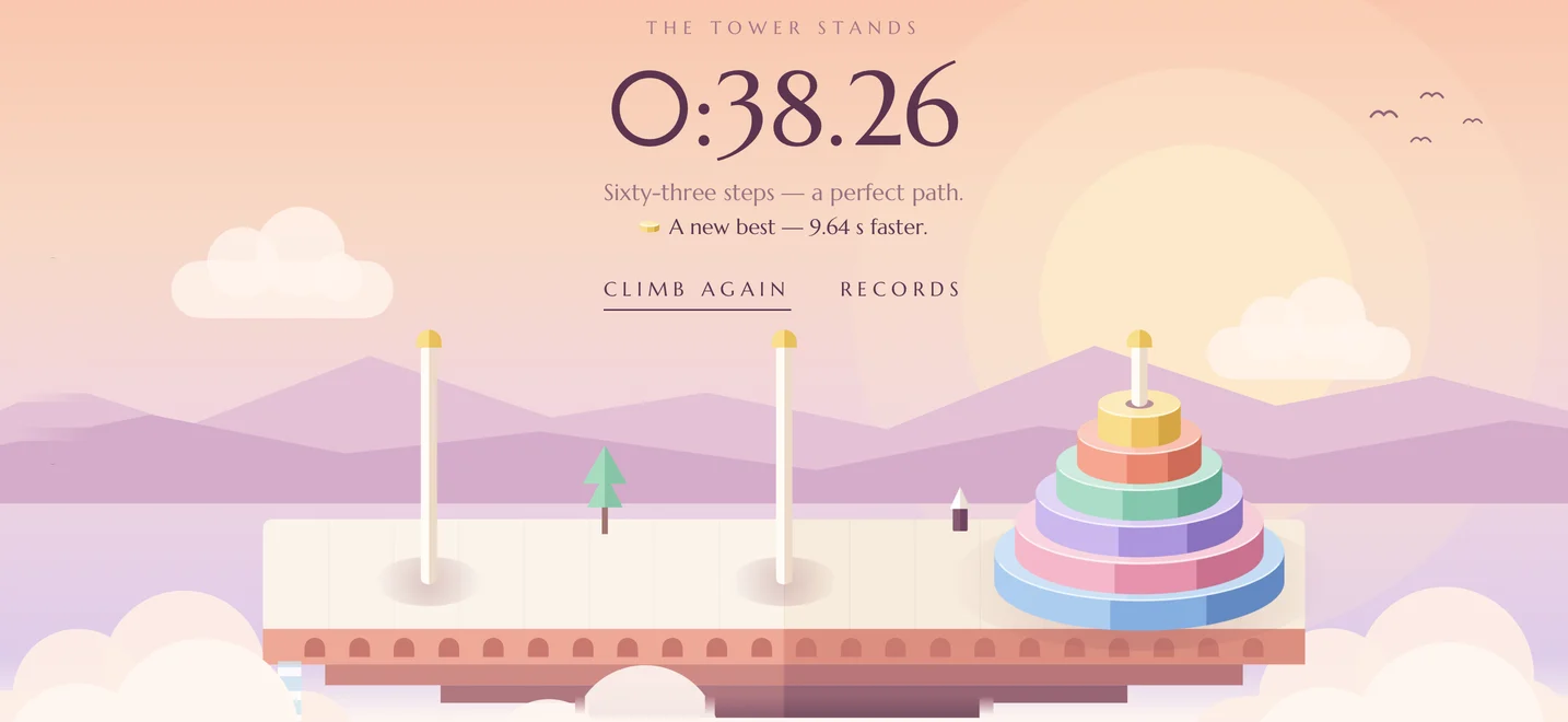 A finished tower with the time set in the sky: 0:38.26, a perfect path.