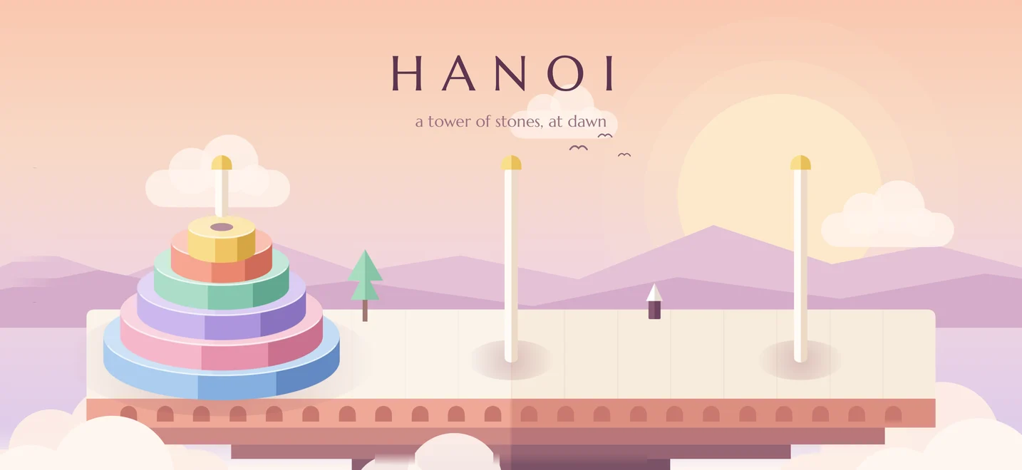 The Hanoi title over the island as the stones settle onto the first tower.